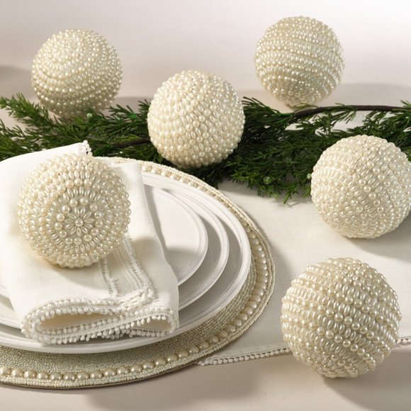 Faux pearl and acrylic beaded Holiday Orb, plastic ball, set of 4 - Picture 1 of 2